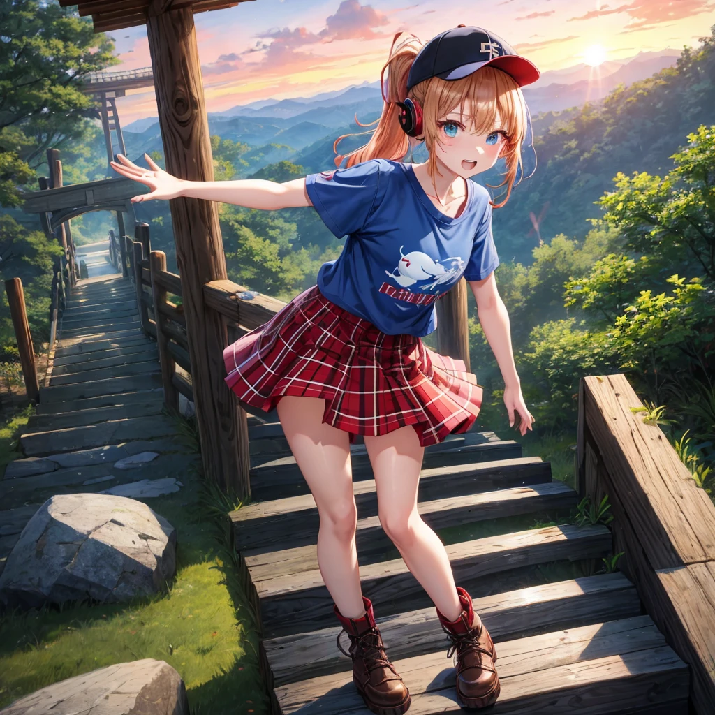 Red-blonde、blue hair、blue eyeraid、ponytail、one good looking girl、solo、anime、Plaid miniskirt、black t-shirt、camisole、forest、walking、Wearing a plaid baseball cap、Tilting your face、log bridge、Doing the ribbon、sunset sky、Wearing headphones、Stone bridge、Stone staircase、petal、A small bird is flying、big tree、tunnel