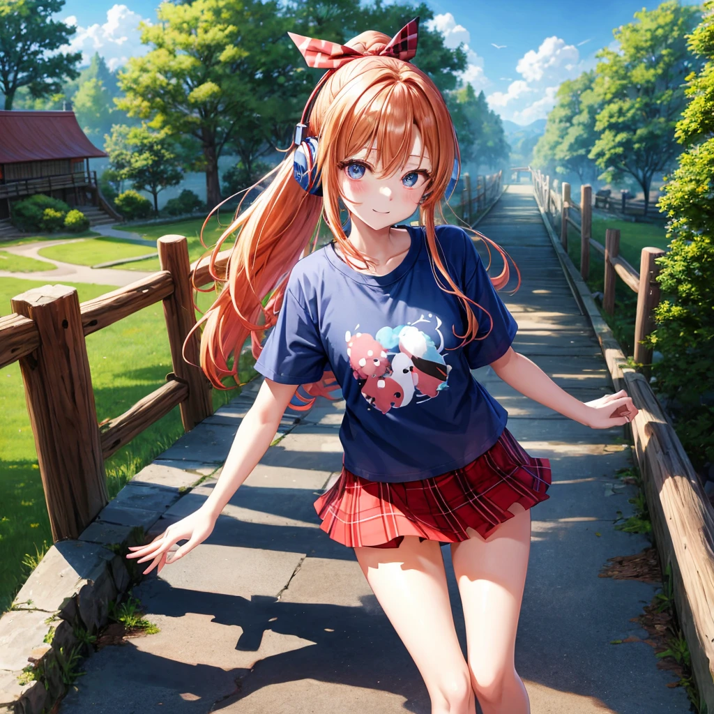 Red-blonde、blue hair、blue eyeraid、ponytail、one good looking girl、solo、anime、Plaid miniskirt、black t-shirt、camisole、forest、walking、Wearing a plaid baseball cap、Tilting your face、log bridge、Doing the ribbon、sunset sky、Wearing headphones、Stone bridge、Stone staircase、petal、A small bird is flying、big tree、tunnel