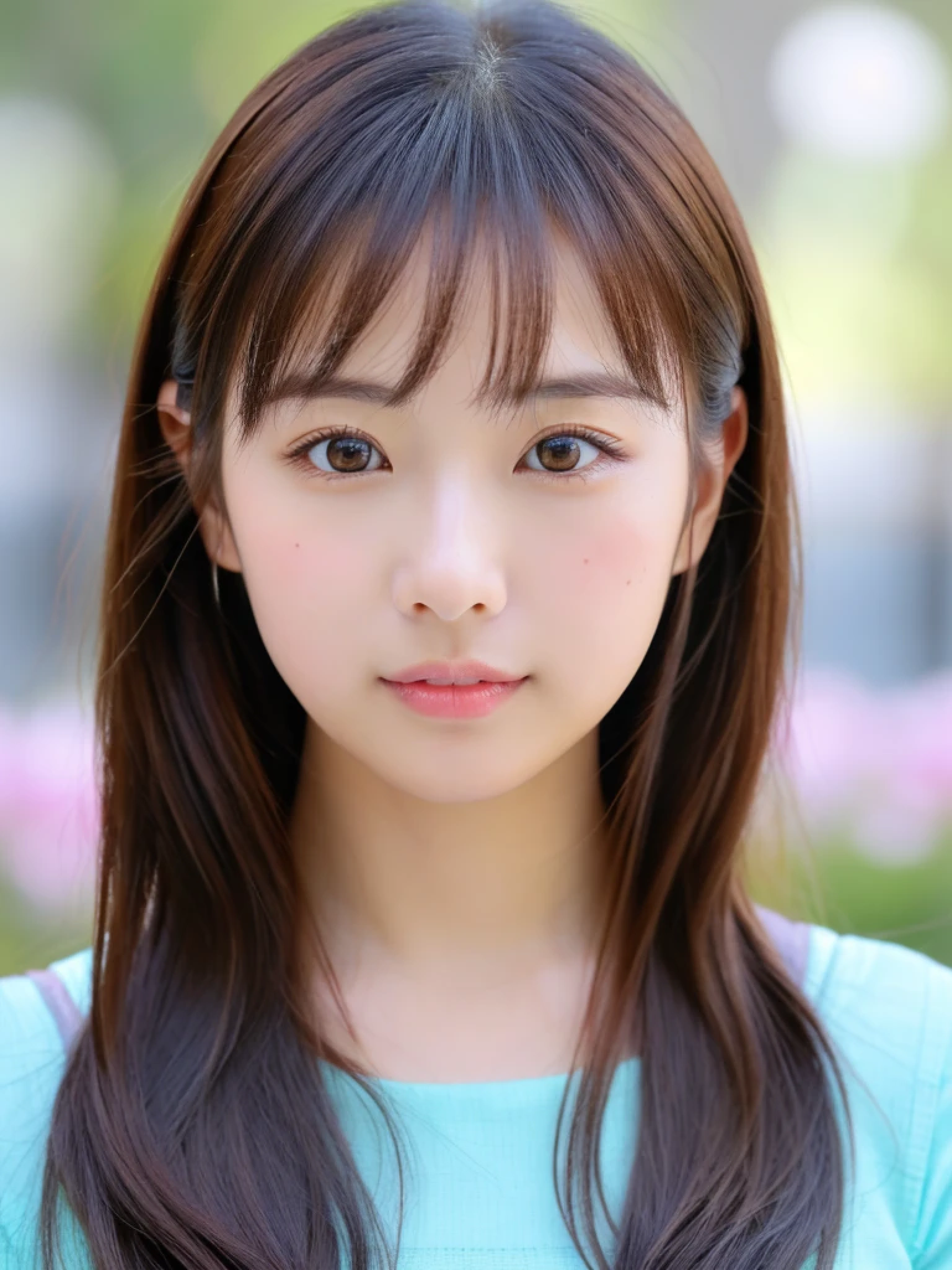 ((cute日本の女の子、beautiful japanese girl、1 girl、clear、19 years old、ponytail、Highly detailed face and skin texture、refinement、super detailed face、highly detailed eyes、Lee Hong、blush、cheek、ピンクのcheekを塗ったcheek、close-up of woman、Breast augmentation、frontを向いている顔、frontを向いている体、looking at camera、front、cute、smooth white skin、Transparent skin texture、))、(dark brown hair、bangs)、beautiful woman with perfect style:1.4、japanese model、young gravure idol、若いcuteグラビアアイドル、Realistic young gravure idol、refinementされたグラビアアイドル、((highest quality、8k、masterpiece:1.3、1photograph))、(4k、RAWphotograph、highest quality)、(realistic、フォトrealistic:1.37)、Place someone on the other side of the screen、Natural light、upper body and head、