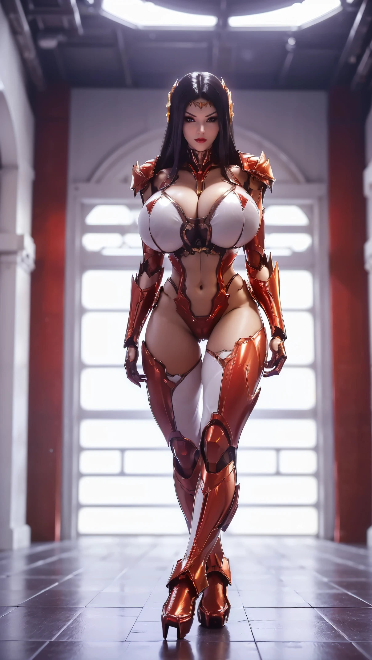 Nsfw A beauty girl with black hair, (1GIRL, ALONE, SOLO), (PHOENIX GOLD HELMET:1.1), (BIG BUTTOCKS, HUGE FAKE BREAST:1.5), (CLEAVAGE:1.5), (BARE MUSCLE ABS:1.3), (MECHA GUARD ARMS:1.1), (RED SHINY FUTURISTIC MECHA BREASTPLAE, BLACK MECHA SKINTIGHT SUIT PANTS, MECHA GUARD ARMOR LEGS, HIGH HEELS:1.5), (MUSCULAR BODY, SWEATY SKIN, SEXY LONG LEGS:1.1), (LOOKING AT VIEWER:1.3), (female focus:0.9), (WALKING HALLWAY OF FUTURISTIC SPACE STATION:1), (BRIGHT LIGHT WHITE_ROOM:1.3), HYPER TEXTURE, 4X MSAA, UNREAL ENGINE RENDER, PHYSICALLY-BASED RENDERING, ULTRA HIGHT DEFINITION, 16K, 1080P.