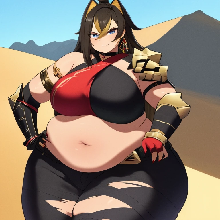 ((masterpiece)), (best quality:1.7), (detailed:1.4), (high res:1.4), 8k, (colorful:1.5), 2d, high resolution, sharped image, 4k, hd, obese dehya_genshin, obese 1girl, very obrse, (((solo))), black hair, long hair, blue eyes, smile, obese middle body, big breasts, blonde bangs, cat ears, ((middle body)), black pants, shirt, ref navel, torn clothes, cowboy shot, (((jewelry))), black gloves, (((armor))), thick thighs, red collarbone, official custome, armor choker, desert, cleavage, parted lips, streaked hair, midriff, hair intakes, dark-skinned female, halterneck, armlet, black gloves, ((criss-cross halter)), torn clothes, belt, red nails, nail polish, (((armor armlet))), fingerless glove, two tones breasts, ((thighs)), angry, happy, close mouth, narrow eyes, eyeliner, ((looking at viewer)), red breasts, ((bare legs)), night, glove with claws, hands on own hips, (((shoulders armor))), bracelet armor, belt armor, (earrings), gold chain, ornaments, ((partial blonde hair))