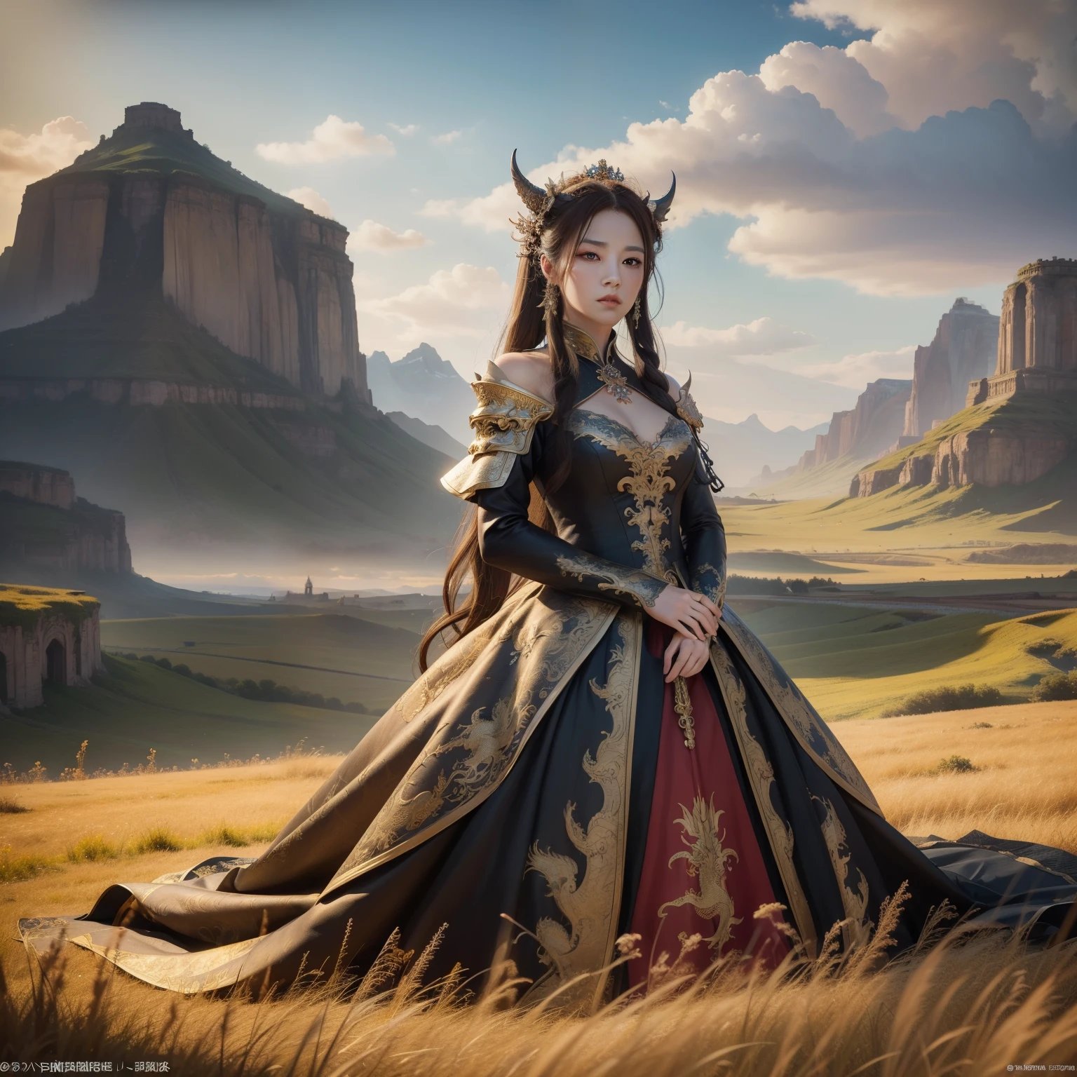 Amazing resolution、High resolution、(masterpiece:1.4)、super detailed、vivid details、1 female、queen of dragons、prairie landscape
