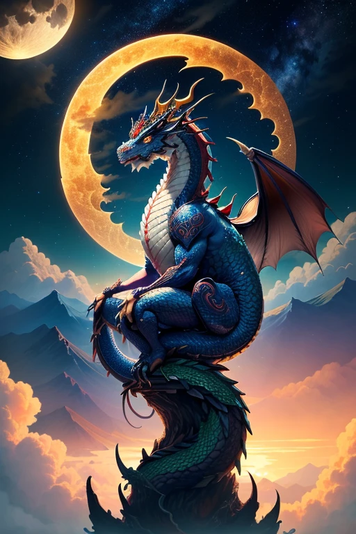 (Ying Dragon God), (Through the Clouds), (Top of the Mountains), (Complex), (Super Detail), (Starry Sky Background), (Stout Limbs), (Moon Night), (Ultra Clear), (Best Quality)