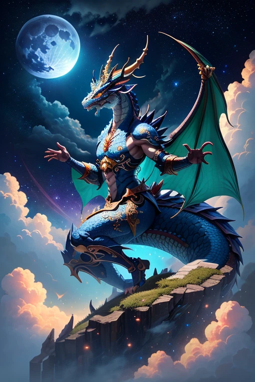 (Ying Dragon God), (Through the Clouds), (Top of the Mountains), (Complex), (Super Detail), (Starry Sky Background), (Stout Limbs), (Moon Night), (Ultra Clear), (Best Quality)