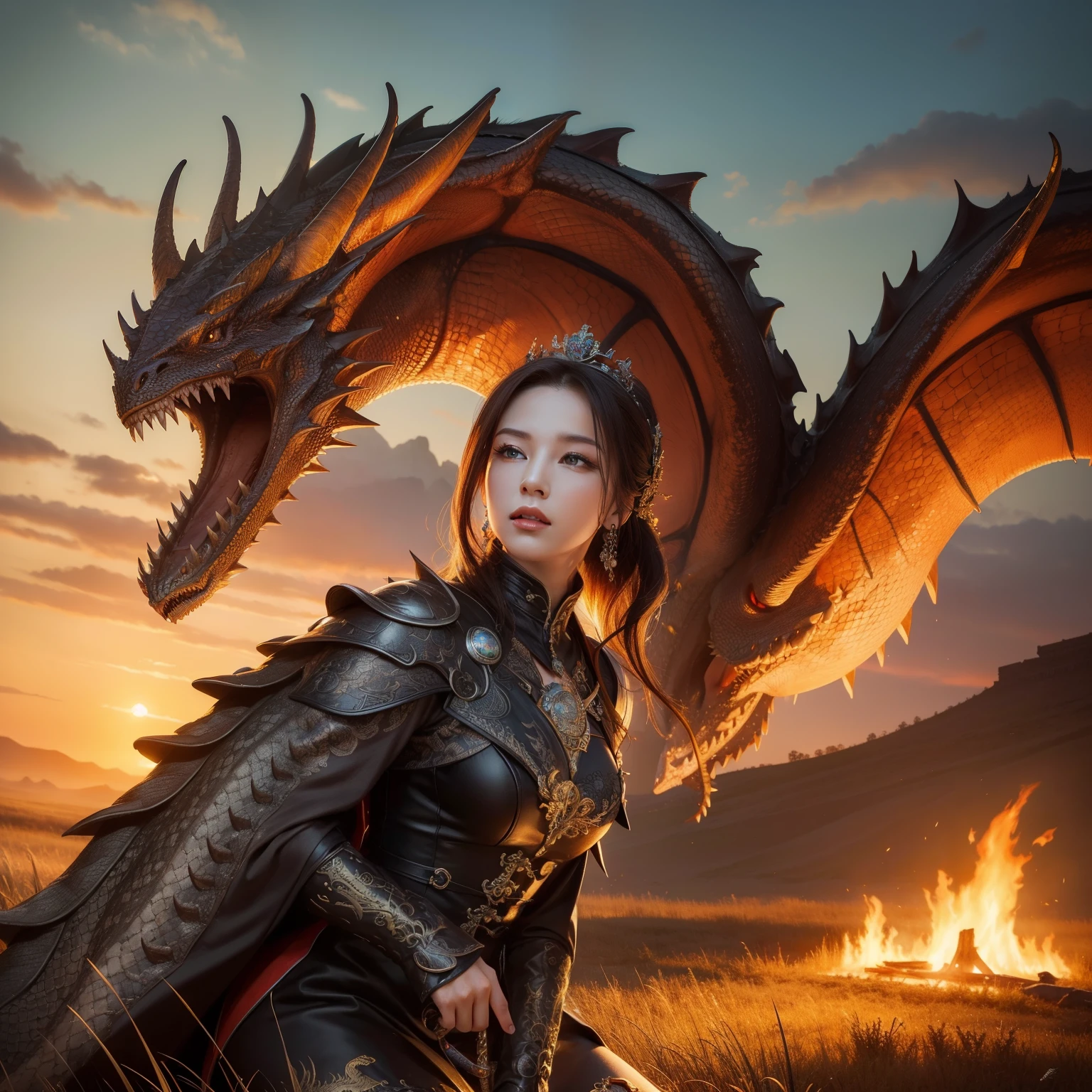 beautiful thai woman with blond hair, on a meadow, wearing armor, big dragon, photorealistic, photo, masterpiece, realistic, realism, photorealism, high contrast, photorealistic digital art trending on Artstation 8k HD realistic high definition detailed, detailed, skin texture, hyper detailed, realistic skin texture, best quality, ultra high resolution, (photorealistic: 1.4),, high resolution, detailed, raw photo, sharp re, by Lee Jeffries Nikon D850 film Stock Photography 4 Kodak Portra 400 camera F1.6 lens rich colors hyper realistic texture dramatic lighting Unrealengine trend in ArtStation Cinestill 800,