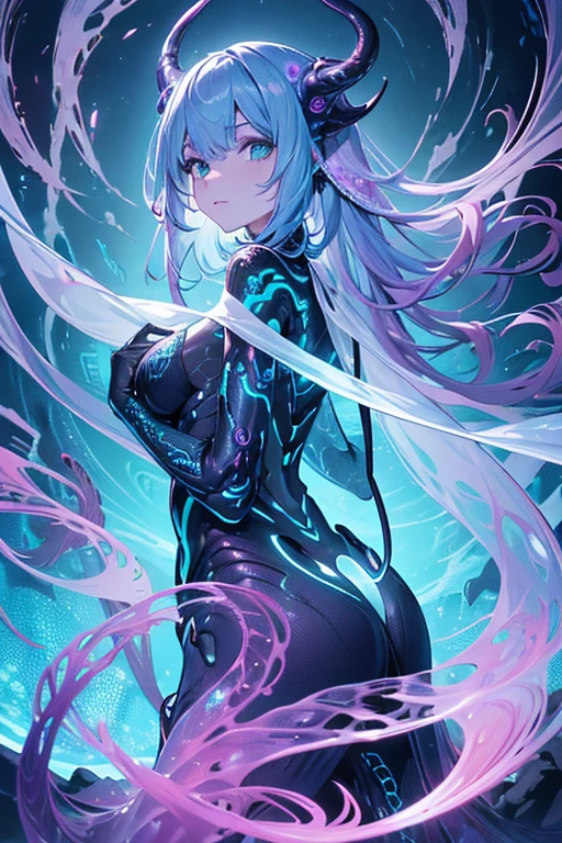 A tentacled alien from a dystopian world, its long, sinuous appendages curling and writhing with an otherworldly grace. The creature's ethereal appearance is captured in a hyper-realistic digital painting, where the vibrant hues of teal and lavender illuminate its sleek, slimy exoskeleton. The alien's luminescent eyes pierce through the darkness, holding an enigmatic allure. The intricate details of its tentacles, adorned with intricate patterns and shimmering textures, are mesmerizing to behold. This expertly crafted image transports the viewer into a digital anime realm, evoking a sense of mystery and awe.