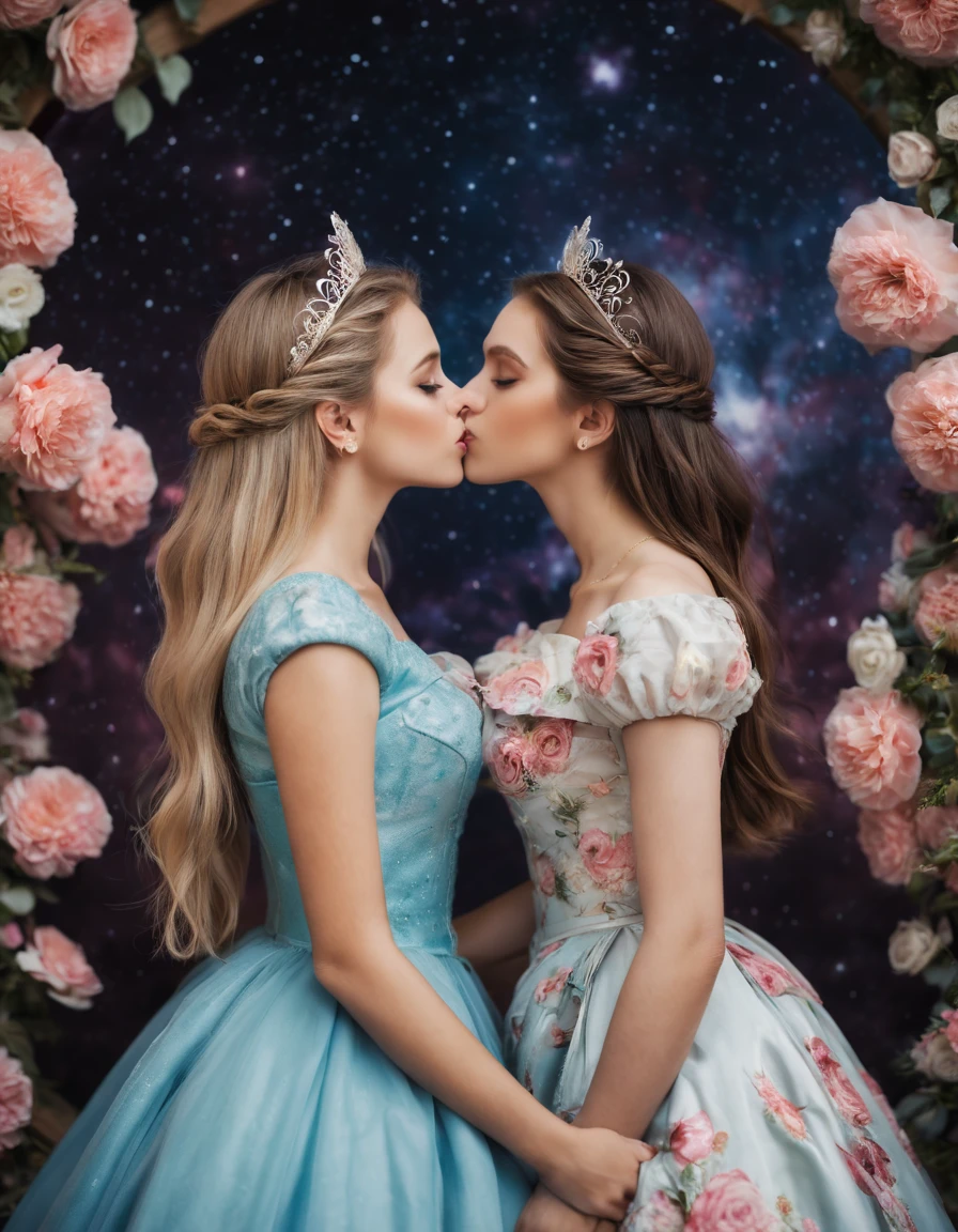 2girls, love, eye contact, kiss, Beautiful and pretty, princess look out of this world, floral,