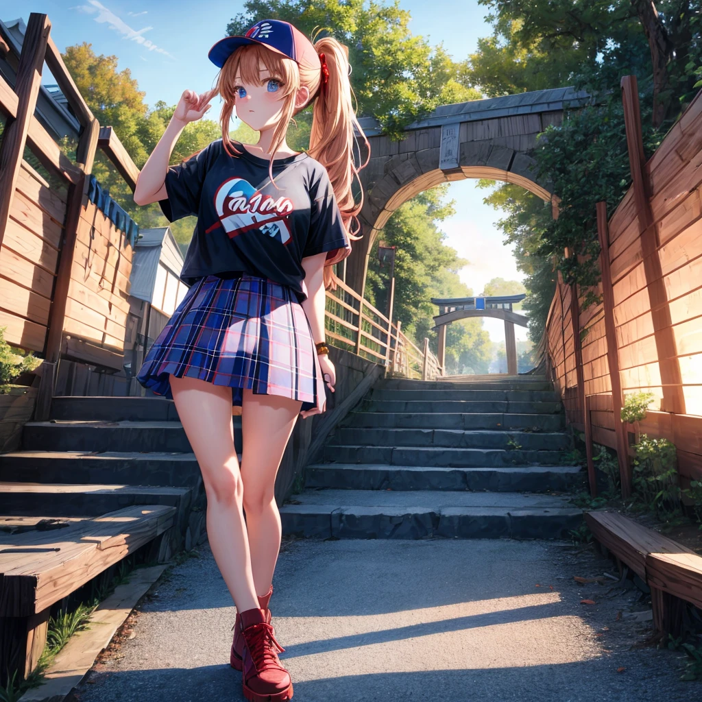 Red-blonde、blue hair、blue eyeraid、ponytail、one good looking girl、solo、anime、Plaid miniskirt、black t-shirt、camisole、forest、walking、Wearing a plaid baseball cap、Tilting your face、log bridge、Doing the ribbon、sunset sky、Wearing headphones、Stone bridge、Stone staircase、petal、A small bird is flying、big tree、tunnel