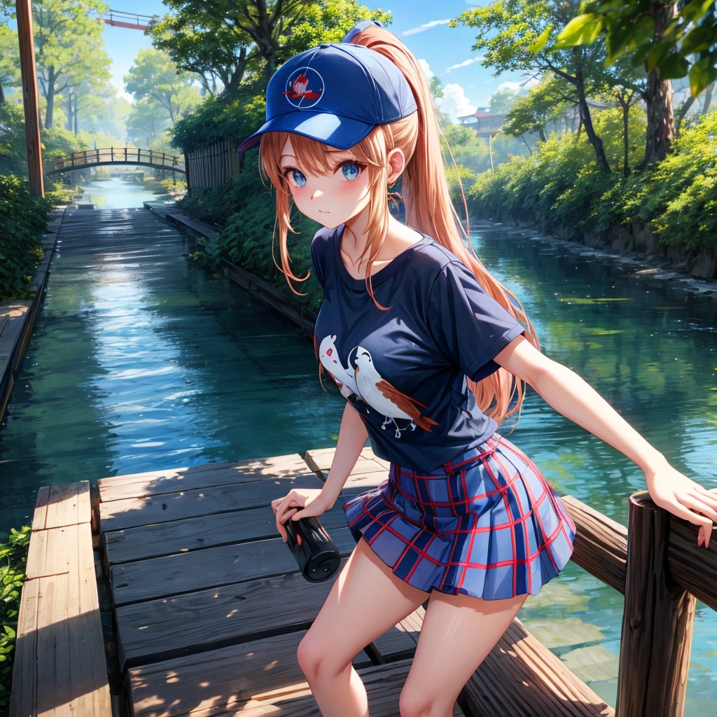 Red-blonde、blue hair、blue eyeraid、ponytail、one good looking girl、solo、anime、Plaid miniskirt、black t-shirt、camisole、forest、walking、Wearing a plaid baseball cap、Tilting your face、log bridge、Doing the ribbon、sunset sky、Wearing headphones、Stone bridge、Stone staircase、petal、A small bird is flying、big tree、tunnel