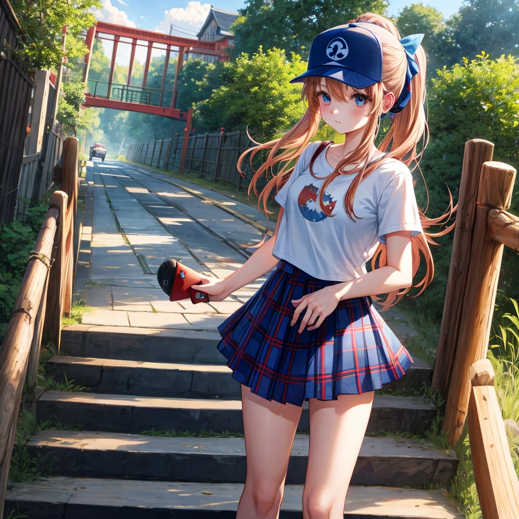 Red-blonde、blue hair、blue eyeraid、ponytail、one good looking girl、solo、anime、Plaid miniskirt、black t-shirt、camisole、forest、walking、Wearing a plaid baseball cap、Tilting your face、log bridge、Doing the ribbon、sunset sky、Wearing headphones、Stone bridge、Stone staircase、petal、A small bird is flying、big tree、tunnel