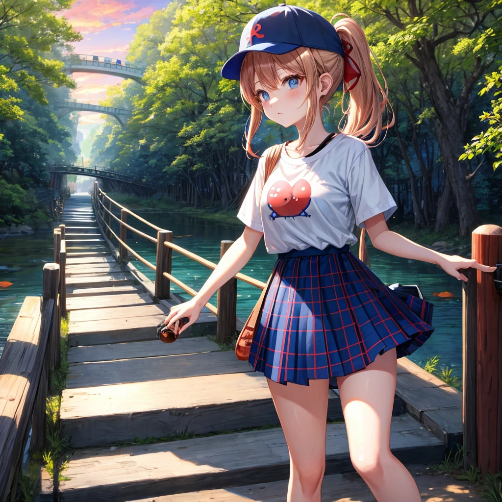 Red-blonde、blue hair、blue eyeraid、ponytail、one good looking girl、solo、anime、Plaid miniskirt、black t-shirt、camisole、forest、walking、Wearing a plaid baseball cap、Tilting your face、log bridge、Doing the ribbon、sunset sky、Wearing headphones、Stone bridge、Stone staircase、petal、A small bird is flying、big tree、tunnel