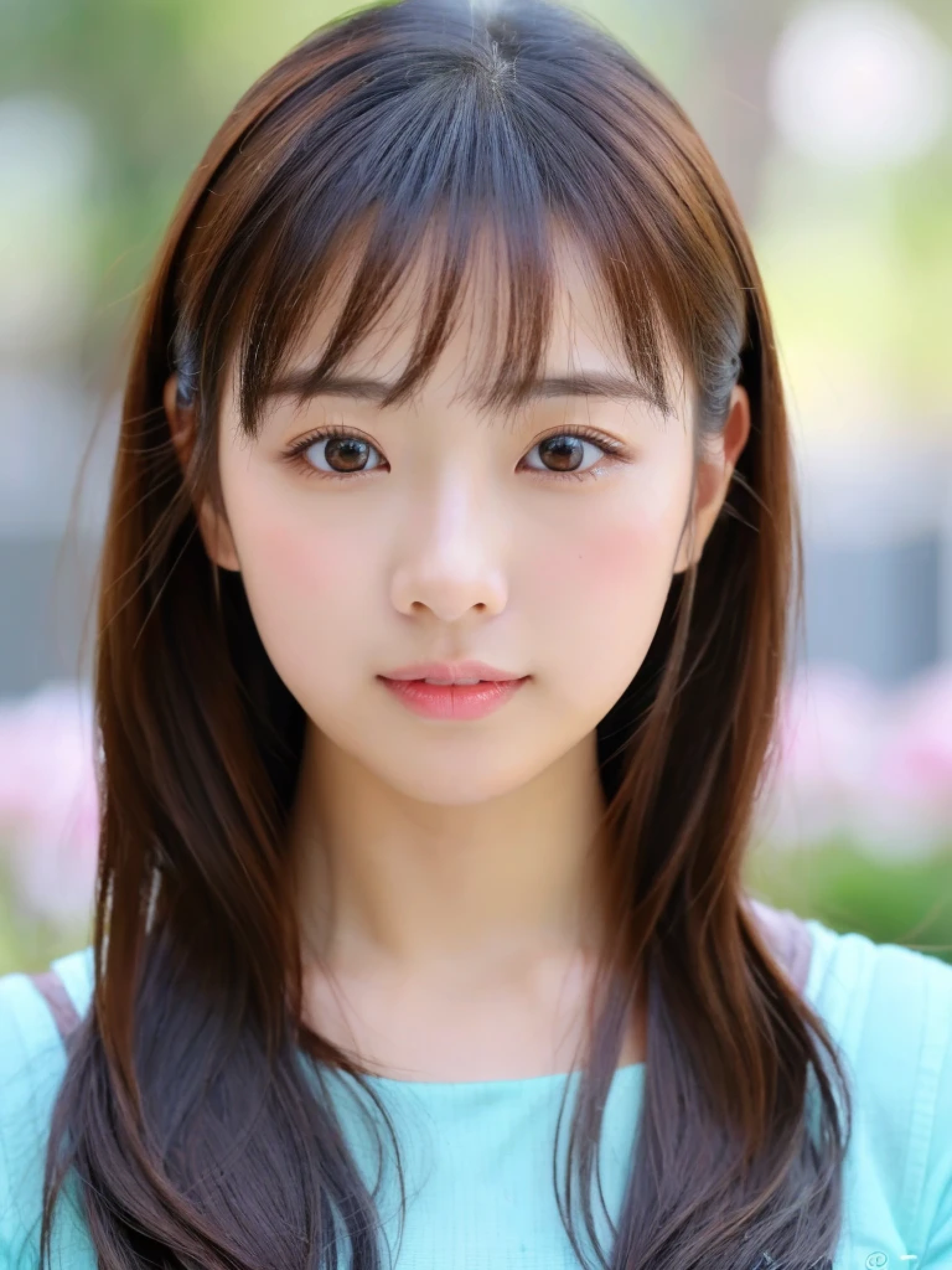 ((cute日本の女の子、beautiful japanese girl、1 girl、clear、19 years old、ponytail、Highly detailed face and skin texture、refinement、super detailed face、highly detailed eyes、Lee Hong、blush、cheek、ピンクのcheekを塗ったcheek、close-up of woman、Breast augmentation、frontを向いている顔、frontを向いている体、looking at camera、front、cute、smooth white skin、Transparent skin texture、))、(dark brown hair、bangs)、beautiful woman with perfect style:1.4、japanese model、young gravure idol、若いcuteグラビアアイドル、Realistic young gravure idol、refinementされたグラビアアイドル、((highest quality、8k、masterpiece:1.3、1photograph))、(4k、RAWphotograph、highest quality)、(realistic、フォトrealistic:1.37)、Place someone on the other side of the screen、Natural light、upper body and head、