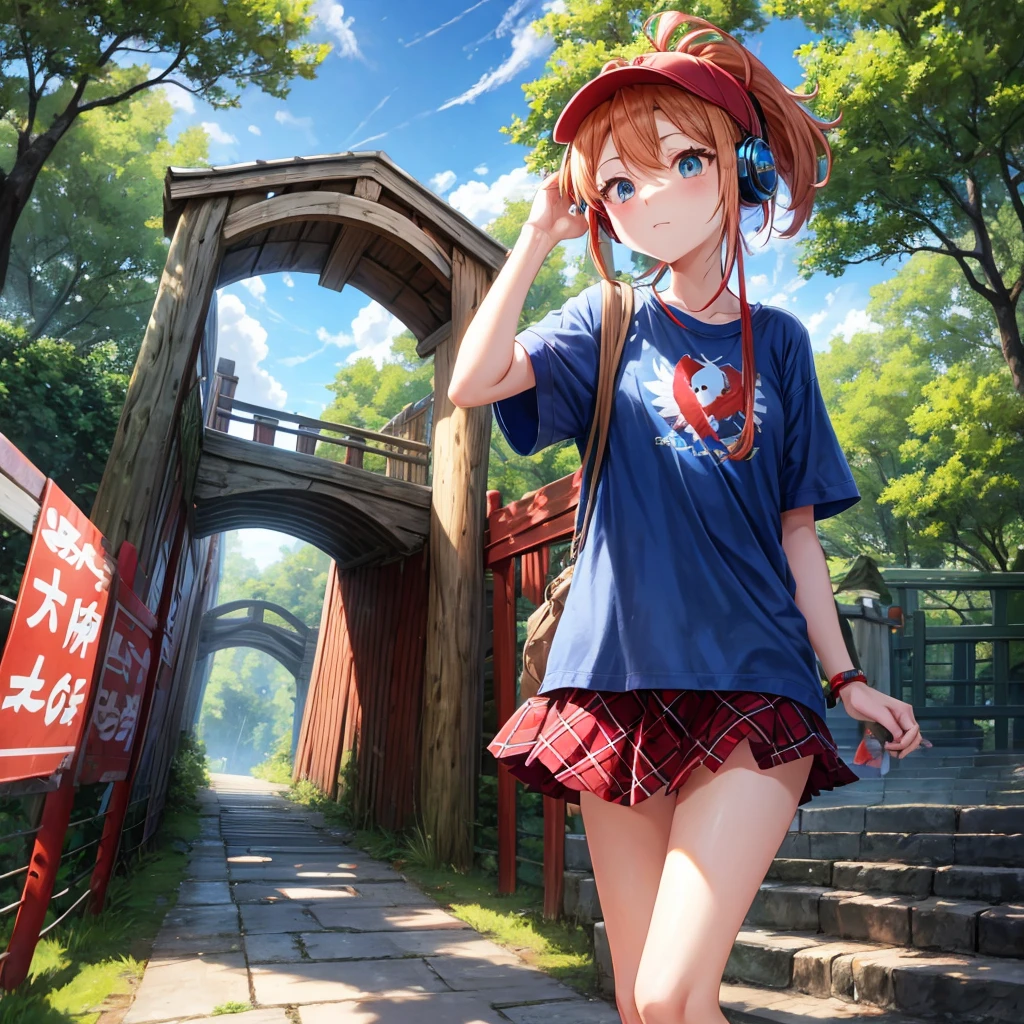 Red-blonde、blue hair、blue eyeraid、ponytail、one good looking girl、solo、anime、Plaid miniskirt、black t-shirt、camisole、forest、walking、Wearing a plaid baseball cap、Tilting your face、log bridge、Doing the ribbon、sunset sky、Wearing headphones、Stone bridge、Stone staircase、petal、A small bird is flying、big tree、tunnel