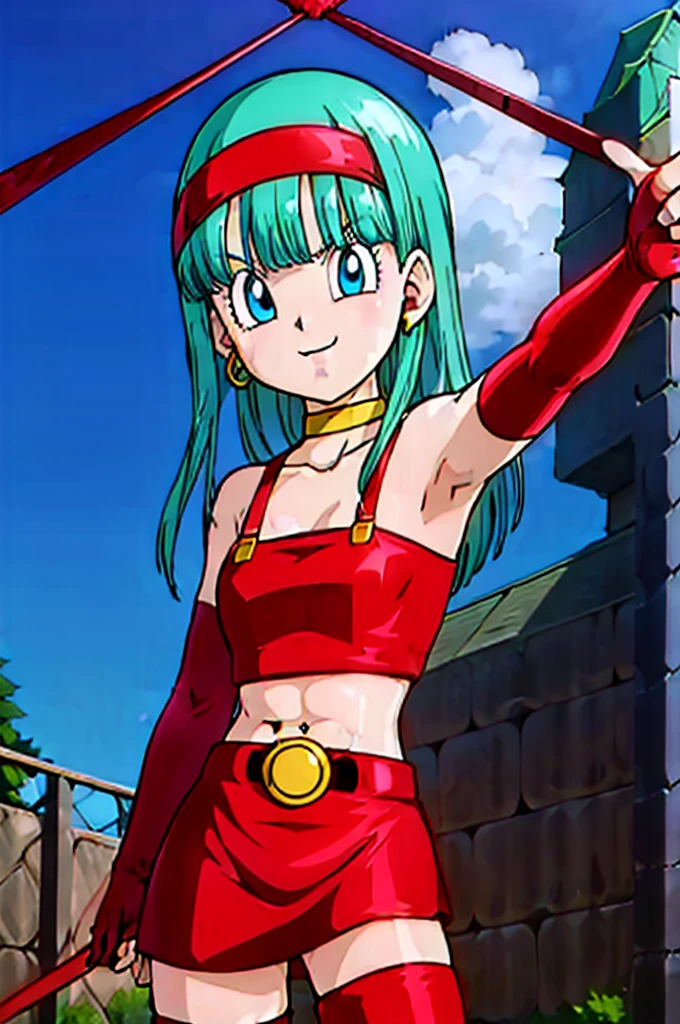 masterpiece,
bulla, aqua hair, blue eyes, red hairband, hoop earrings, 
gold choker, bare shoulders, red leather crop top, midriff, belt, red elbow gloves, red leather skirt, red thigh boots, seductive 
 ((pointing at viewer, )), zettai ryouiki,
city, sunlight, blue sky, street,