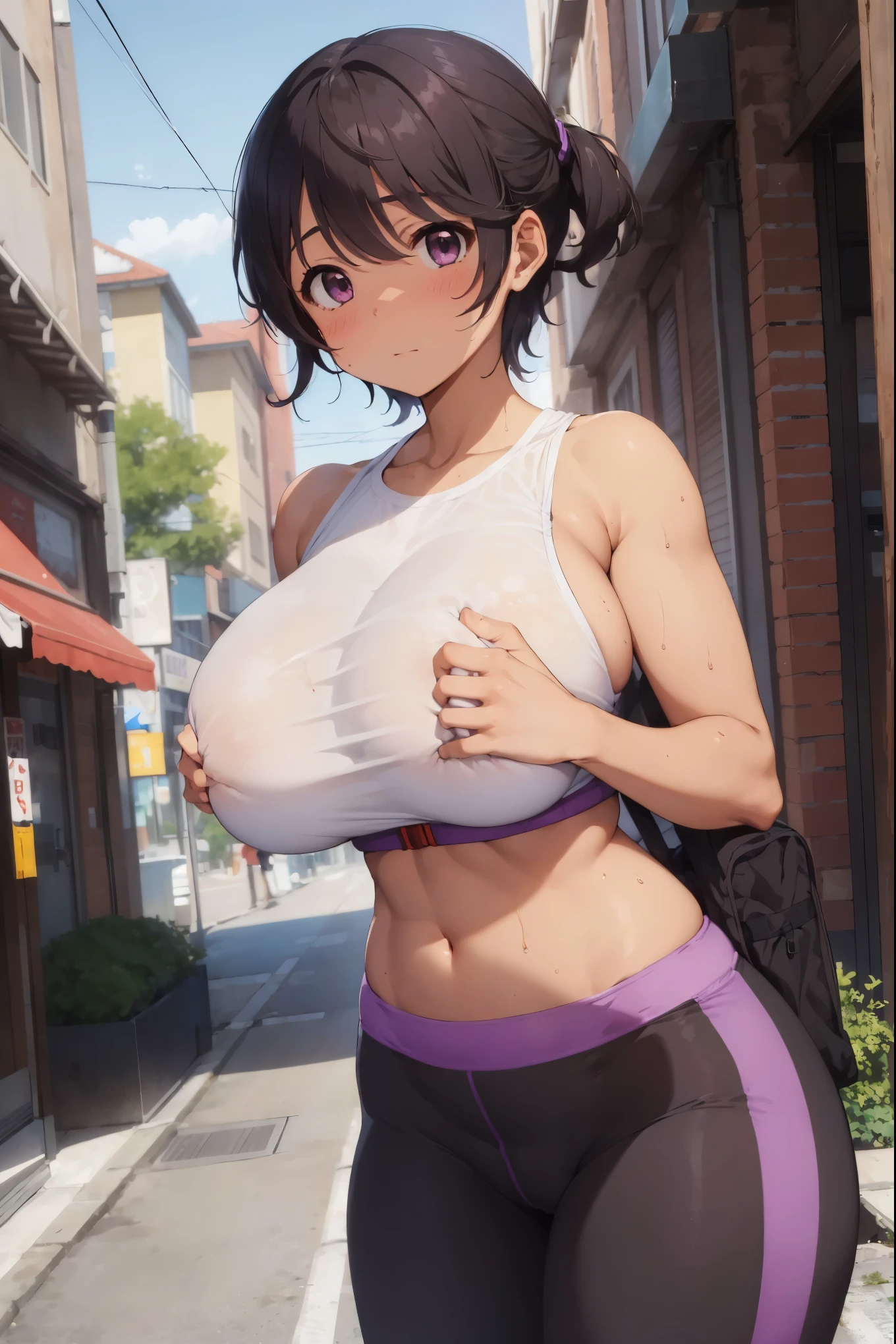 (masterpiece), best quality, expressive eyes, perfect face, gym, workout, hot, sweating, sweaty, tan, big boobs, tan skin, flustered, blush, purple clothes, see thru, yoga pants, black hair,, curvy woman , black hair , ultra hd,purple eyes, nan behind woman, man and woman,