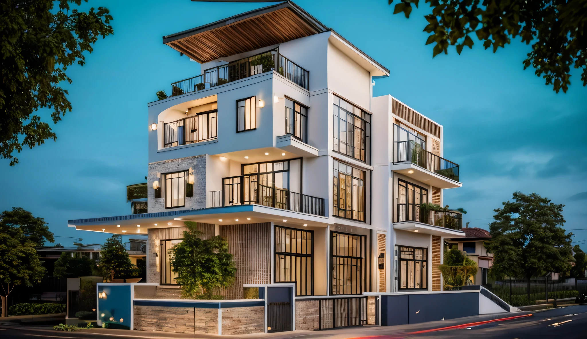 (Townhouse in city ,close houses and trees), (indochine style architecture) daylight ( best quality) ((high solution)) ,(( photo realistic)) ,warm light,  soft lighting, warm atmosphere,high Resolution, hyper detailed,4k ,vray render, octane render, hyper realistic, photography expert ,exterior design , professional photography, exterior photography,wide-angle shot , ultra detail , high Resolution , full frame, full body