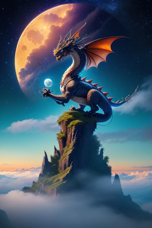 (Ying Dragon God), (Through the Clouds), (Top of the Mountains), (Complex), (Super Detail), (Starry Sky Background), (Stout Limbs), (Moon Night), (Ultra Clear), (Best Quality)