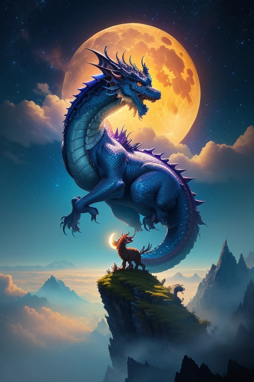 (Ying Dragon God), (Through the Clouds), (Top of the Mountains), (Complex), (Super Detail), (Starry Sky Background), (Stout Limbs), (Moon Night), (Ultra Clear), (Best Quality)