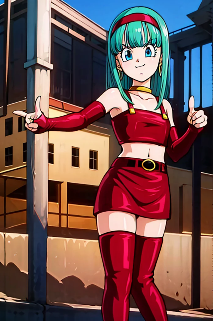 masterpiece,
bulla, aqua hair, blue eyes, red hairband, hoop earrings, 
gold choker, bare shoulders, red leather crop top, midriff, belt, red elbow gloves, red leather skirt, red thigh boots, seductive 
 ((pointing at viewer, )), zettai ryouiki,
city, sunlight, blue sky, street,