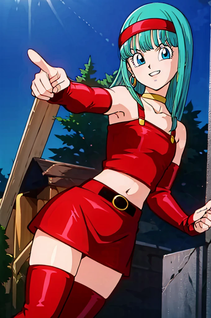 masterpiece,
bulla, aqua hair, blue eyes, red hairband, hoop earrings, 
gold choker, bare shoulders, red leather crop top, midriff, belt, red elbow gloves, red leather skirt, red thigh boots, seductive 
 ((pointing at viewer, )), zettai ryouiki,
city, sunlight, blue sky, street,