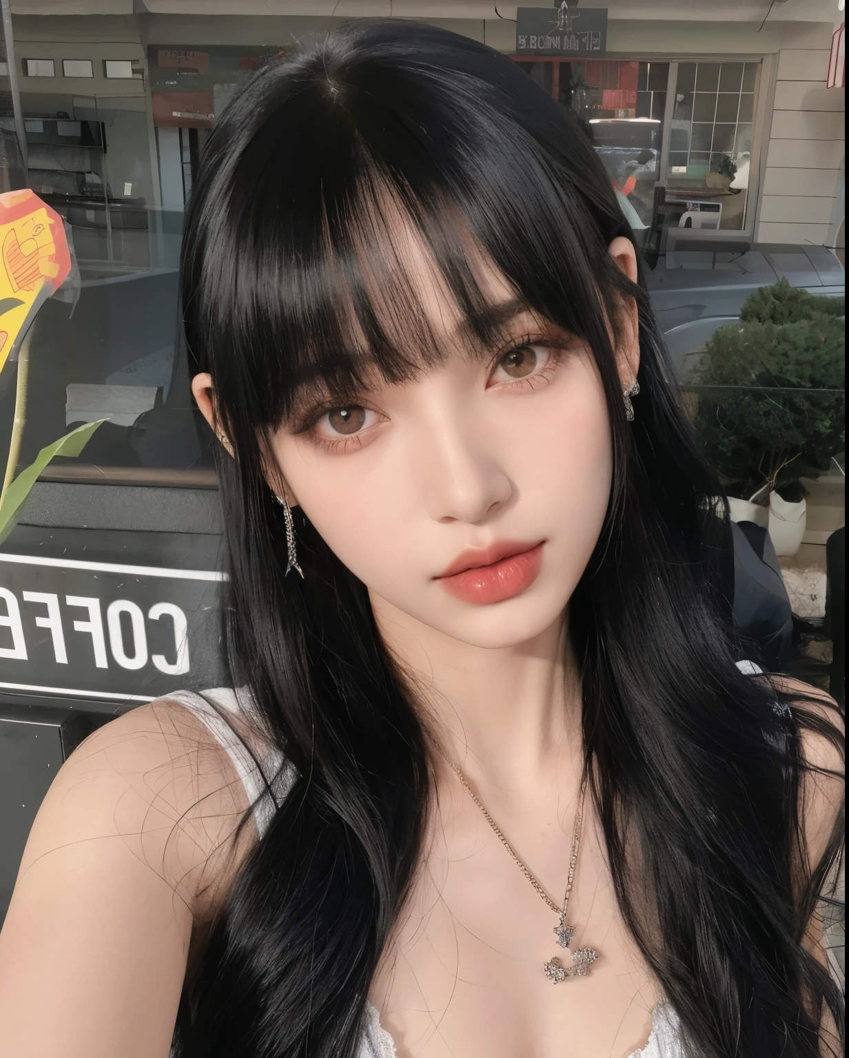 garota araffe com longos cabelos pretos e um colar e um colar, she has black hair com franja, Ulzzang, long black hair com franja, com franja, long hair com franja completa, com franja completa, long dark hair com franja, long hair com franja, cabelo preto com franja, neat hair com franja, franja preta, cruel korean goth girl