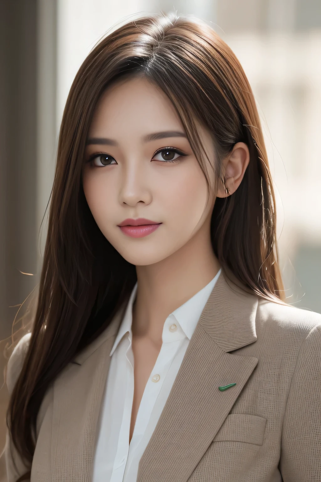 pieces fly, highest quality, realistic, Super detailed, finely, High resolution, 8K Dende Wallpaper, 1 beautiful woman,, light brown messy hair, wearing a business suit, sharp focus, perfect dynamic composition, beautiful and detailed eyes, fine hair, Detailed realistic skin texture, smile, close-up portrait, model body shape