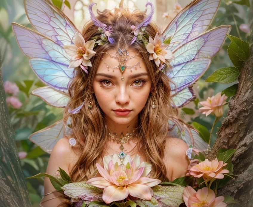 a close up of a woman with a flower crown on her head, fairy look, portrait of a fairy, fairy aesthetics, portrait of fairy, beautiful fairy, beautiful fairy, faerie, beautiful fairie, beautiful fairy queen, fairy queen, fairy magnificent, portrait of fairy woman, portrait of fairy princess, smiling as a queen of fairies, ethereal beauty
