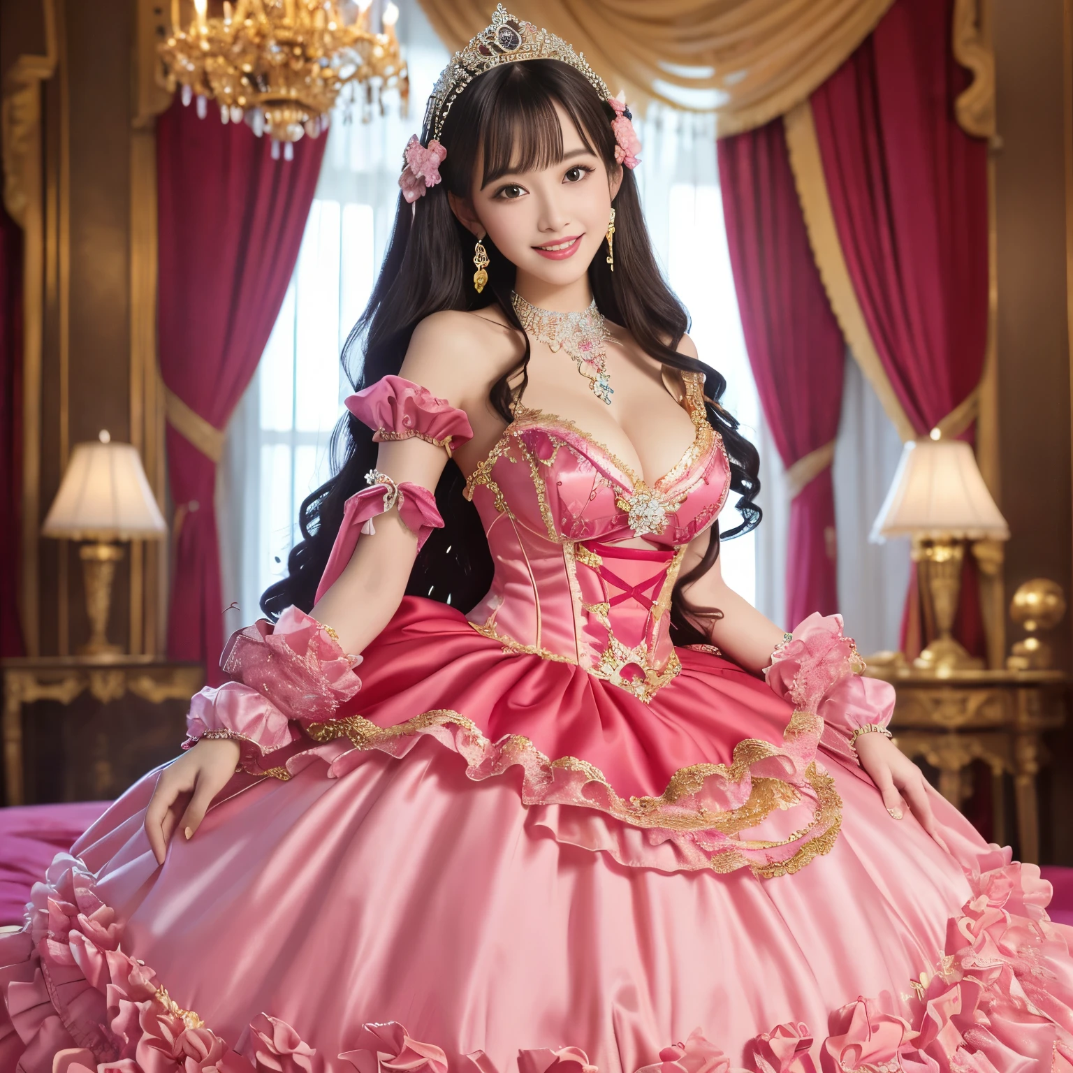 ((highest quality, muste piece, Super high resolution、the most complex and detailed depiction))、big smile looking at me、ink costume、(The most luxurious red and pink finest goddess bedroom:1.3)、One huge bed perfect in the background、bed surrounded by curtains、1 girl、(one idol princess:1.2)、cleavage、big and full breasts、long and beautiful、look at me with a big smile、(Gorgeous and luxurious giant idol princess costume:1.2)、(Frilly red and pink luxurious and high class idol princess costume:1.2)、(A complex and high-quality idol princess costume decorated with a large amount of jewels.:1.2)、(accurate anatomy:1.2)、(blurry distant view:1.2)、chandelier lighting、epic movie lighting