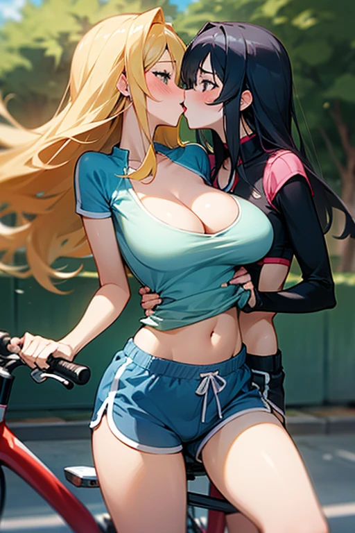 very sexy anime girls in running shorts and no bra, two girls kiss while riding bicycles, breasts, long hair, short shorts, cleavage, blush, navel, dolphin shorts, large breasts