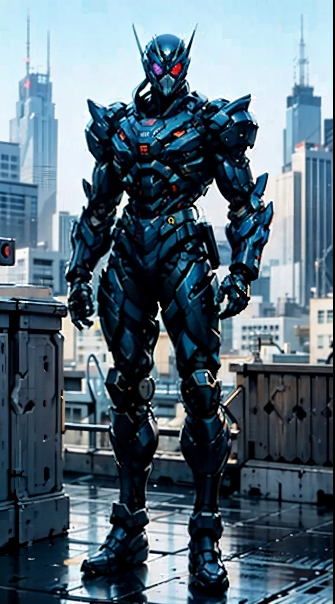 A super a high-tech biotech battle suit, standing on a rooftop, looking over the city, Japanese tokusatsu and American comic style, biometallic texture of the suit, sleek and shiny, dynamic, fast, natural light, cinematic, high quality, high resolution, high detail, sophisticated design, dramatic, high definition, ultra-detailed, ultra-fine painting, extremely delicate, creativity, Natural light, cinematic lighting, best shadow, masterpiece-anatomy-perfect