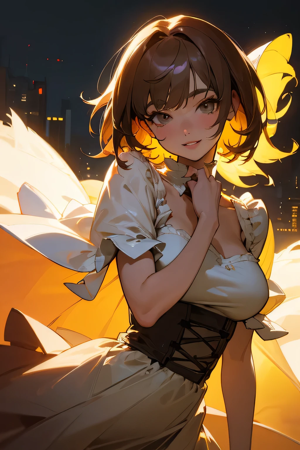 masterpiece, highest quality, Super detailed, High resolution, (Ink painting style), excellent anatomy, 1 beautiful woman, (32K, RAW photo, incredibly absurd, very detailed), anime, figure, smile, Happy, Light brown shiny flowing layered messy short hair, full makeup, red moist lips, Wearing a fluffy and fluffy girly French dress fashion, medium breasts, thin, perfect proportions, (Hills in the background overlooking the city), professional flare iridescent lighting, best light, best shadow, Mysterious, perfect face, very detailed,