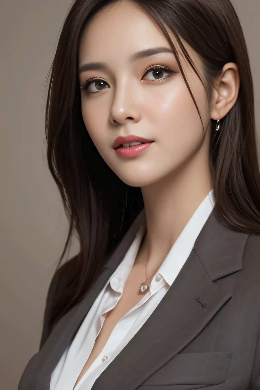pieces fly, highest quality, realistic, Super detailed, finely, High resolution, 8K Dende Wallpaper, 1 beautiful woman,, light brown messy hair, wearing a business suit, sharp focus, perfect dynamic composition, beautiful and detailed eyes, fine hair, Detailed realistic skin texture, smile, close-up portrait, model body shape