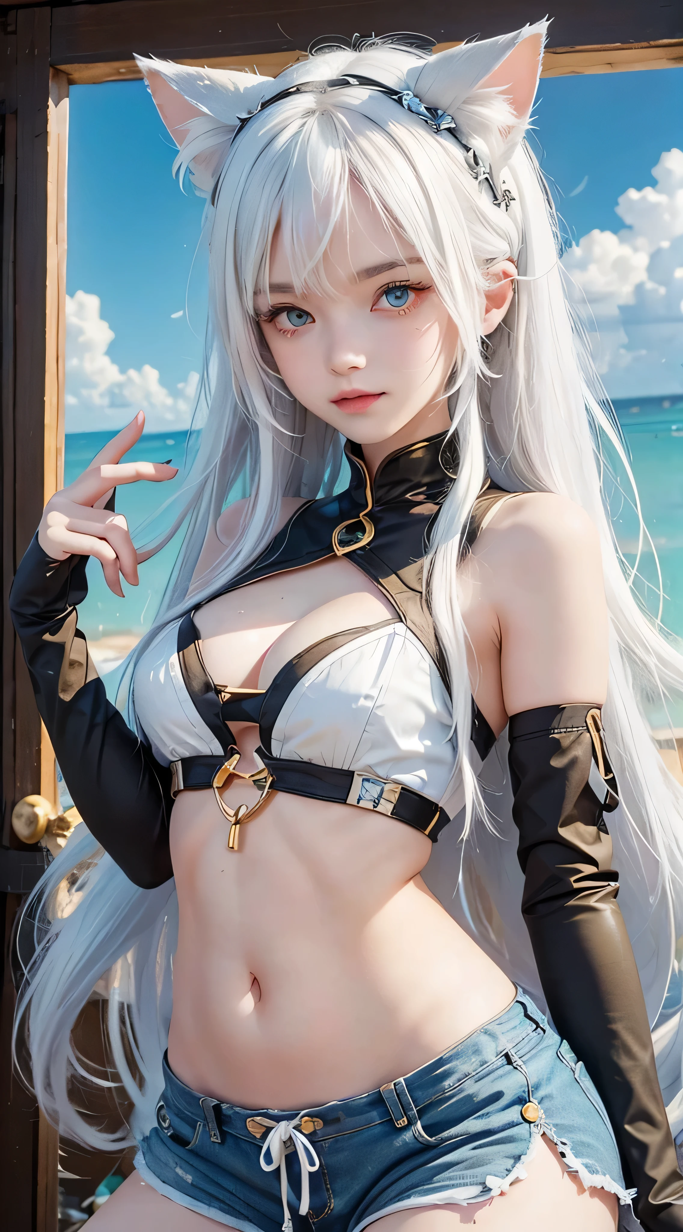 young girl, Long white hair, Cat's ears, Heterochromia, Yellow left and blue right eyes, tight turquoise top, Sleeveless, Shorts, open belly, White patterns on clothes, smirk, Daggers, Masterpiece, hiquality