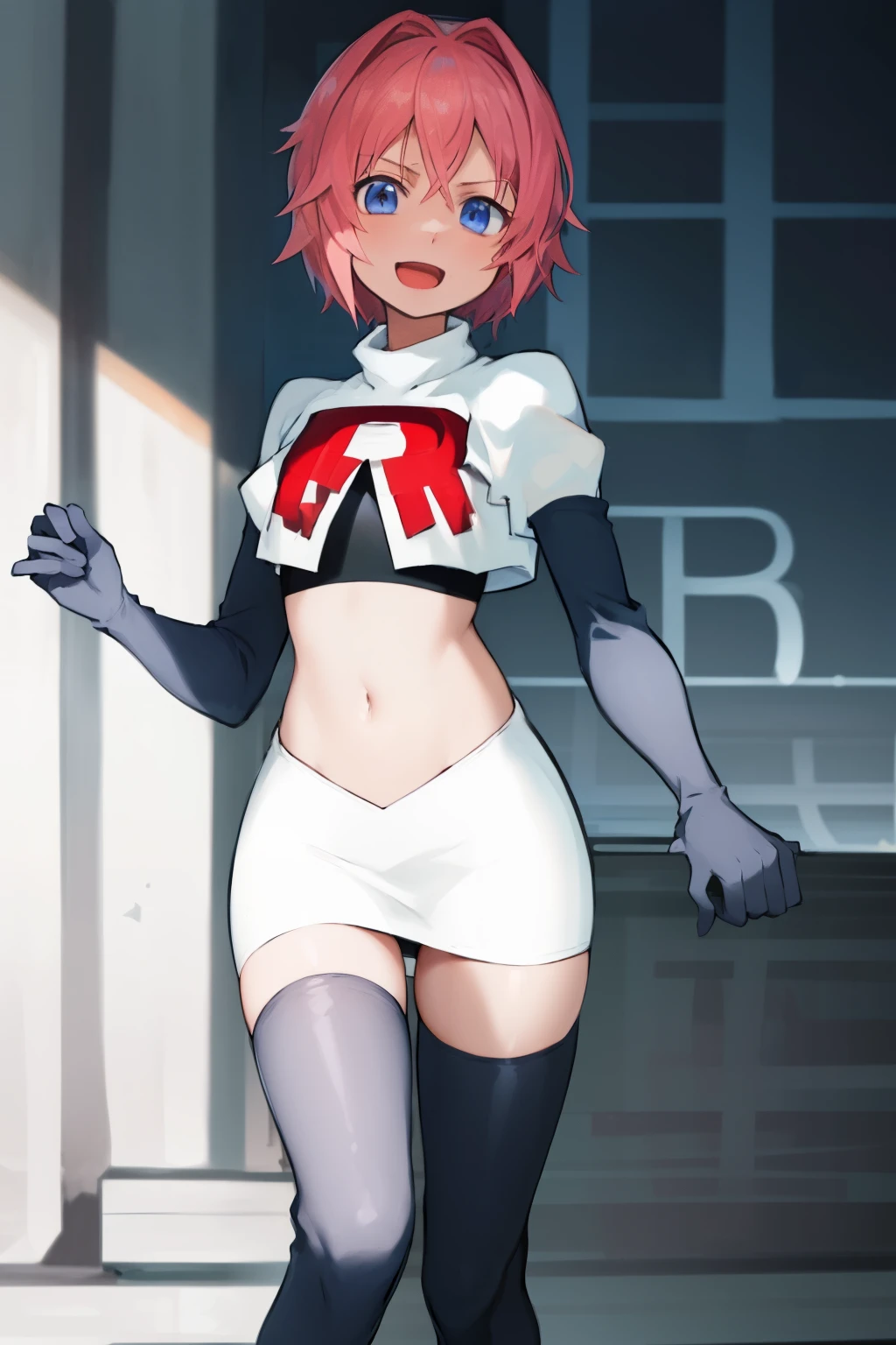 2d, masterpiece, best quality, anime, highly detailed, cowboy shot, 1girl, solo, sayori, blue eyes, pink hair, short hair, hair bow, red bow, :d, team rocket,team rocket uniform,white skirt,red letter R,crop top,black thigh-highs,black elbow gloves