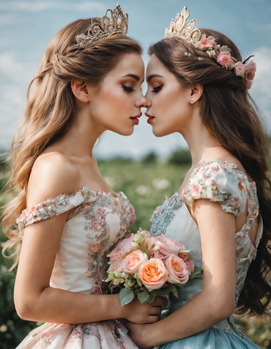 2girls, love, eye contact, kiss, Beautiful and pretty, princess look out of this world, floral,