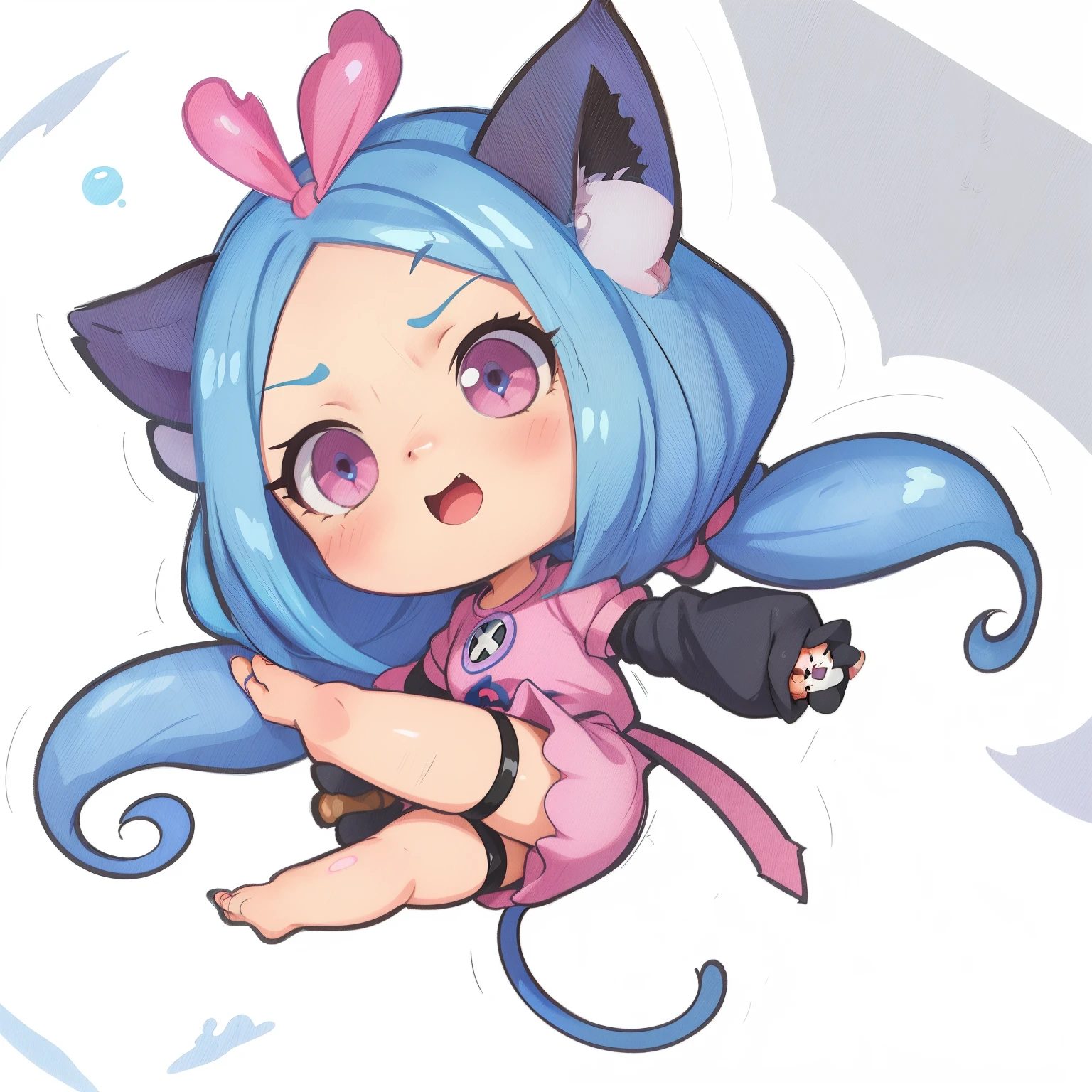 anime character with blue hair and pink eyes holding a cat, cute!! chibi!!! catgirl, chibi, character art of maple story, aqua from konosuba, jinx from arcane, water color nendoroid, cute:2, anime girl with cat ears, portrait of jinx from arcane, very beautiful anime cat girl, style as nendoroid