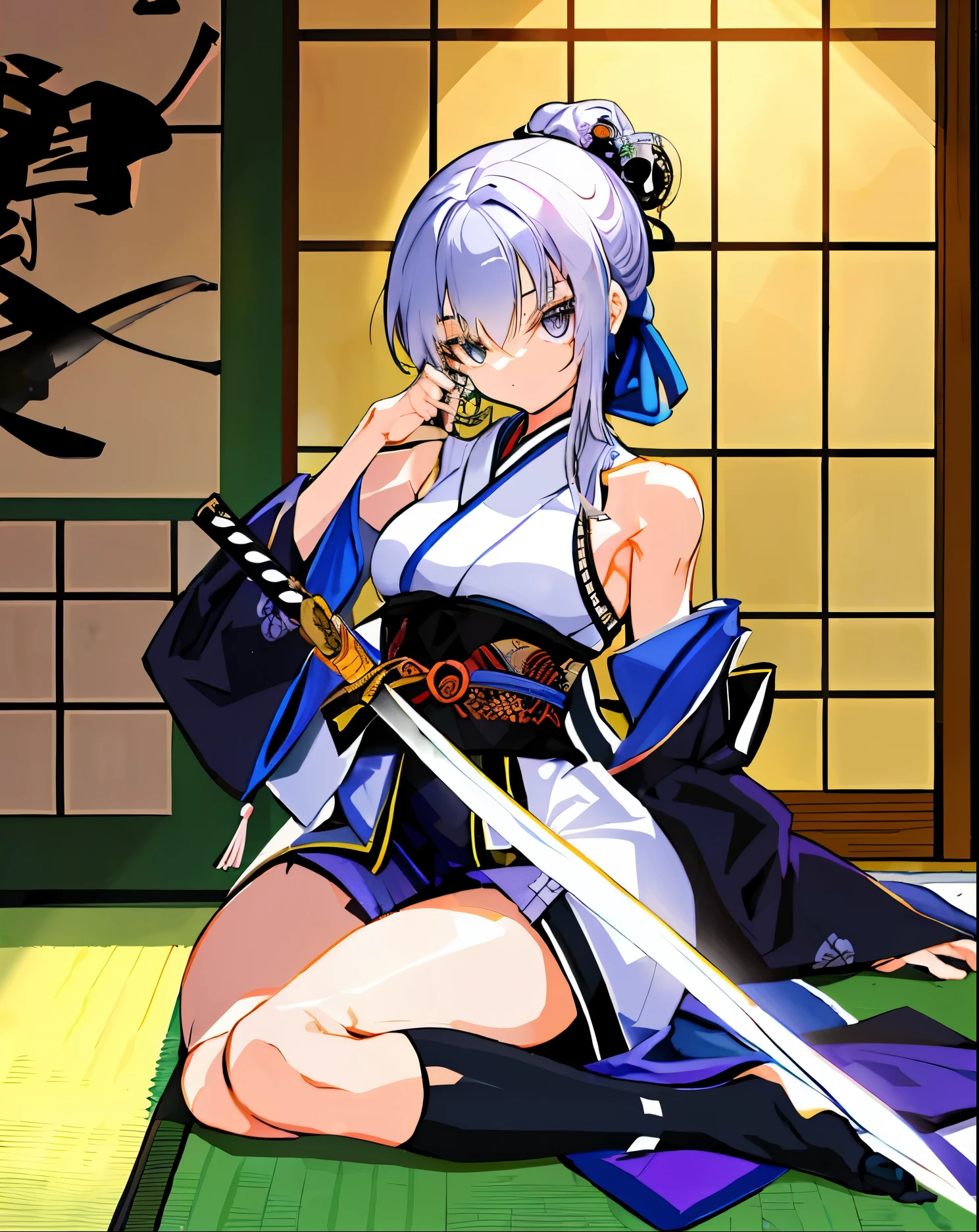 8K　Historical drama style　A beautiful  with short blue hair　Gorgeous embroidery, Ultra glossy, She is wearing a shiny Heian period princess kimono.　She is crucified and surrounded by huge dicks, spreading her legs and opening her pussy