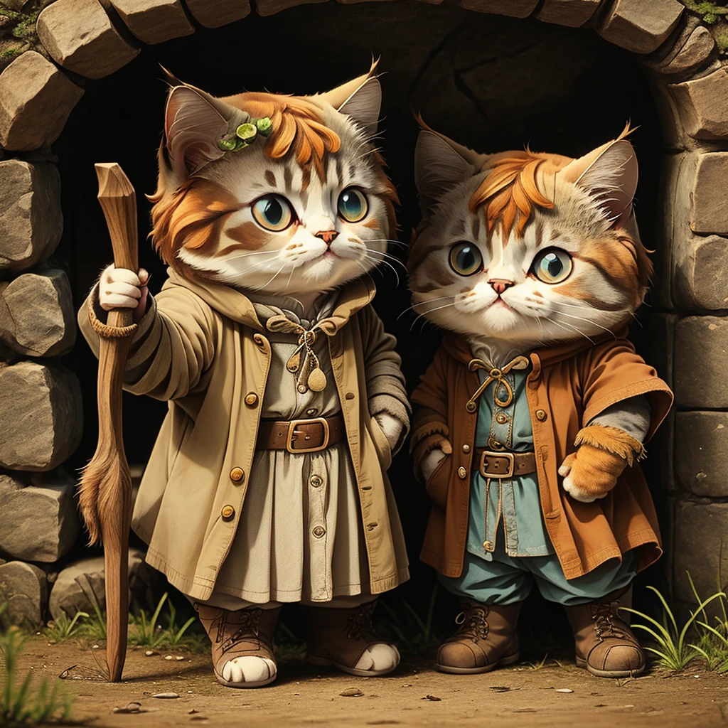 STICKER, the cutest cartoon of a cat cosplaying as bilbo baggins, simple background