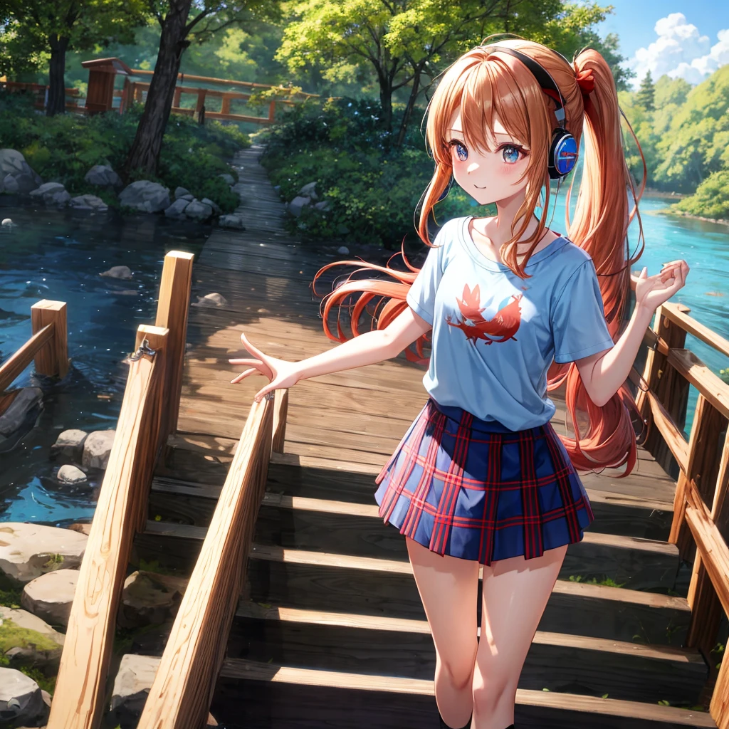 Red-blonde、blue hair、blue eyeraid、ponytail、one good looking girl、solo、anime、Plaid miniskirt、black t-shirt、camisole、forest、walking、Wearing a plaid baseball cap、Tilting your face、log bridge、Doing the ribbon、sunset sky、Wearing headphones、Stone bridge、Stone staircase、petal、A small bird is flying、big tree、tunnel