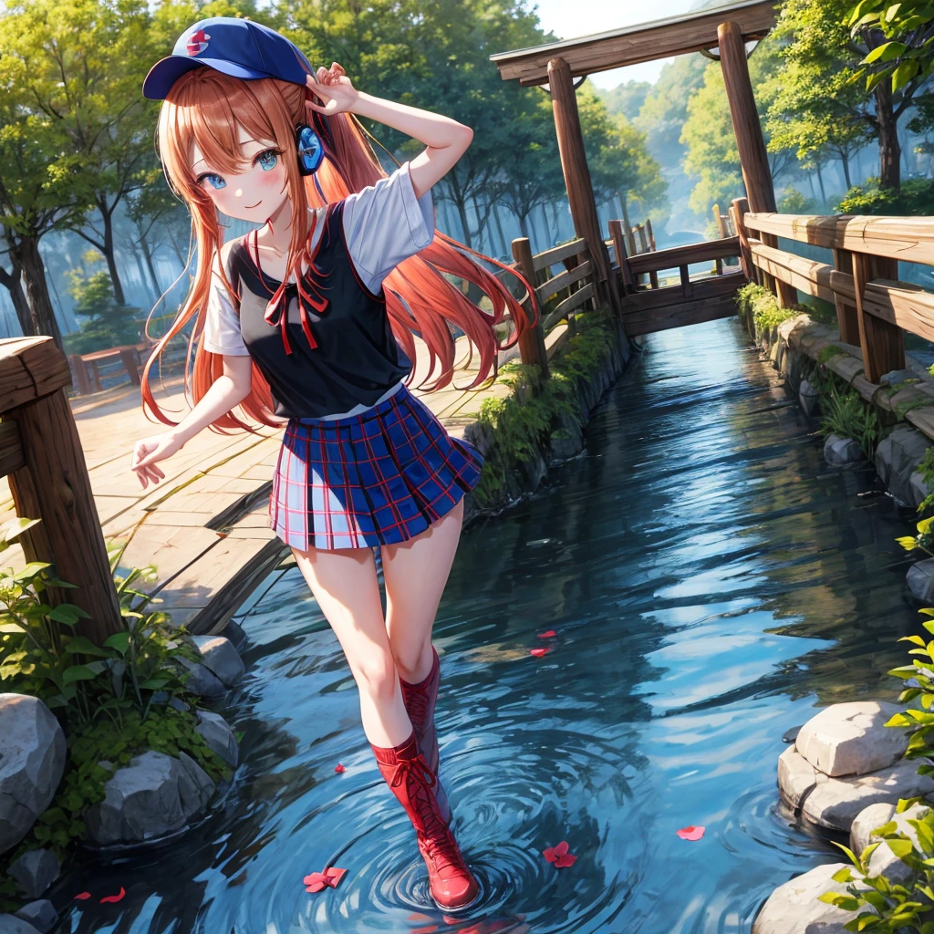 Red-blonde、blue hair、blue eyeraid、ponytail、one good looking girl、solo、anime、Plaid miniskirt、black t-shirt、camisole、forest、walking、Wearing a plaid baseball cap、Tilting your face、log bridge、Doing the ribbon、sunset sky、Wearing headphones、Stone bridge、Stone staircase、petal、A small bird is flying、big tree、tunnel
