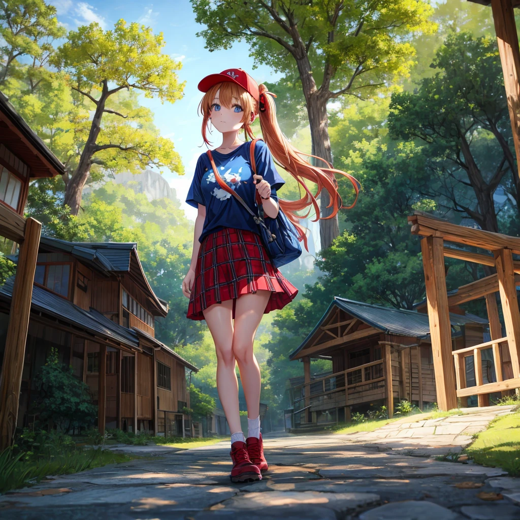 Red-blonde、blue hair、blue eyeraid、ponytail、one good looking girl、solo、anime、Plaid miniskirt、black t-shirt、camisole、forest、walking、Wearing a plaid baseball cap、Tilting your face、log bridge、Doing the ribbon、sunset sky、Wearing headphones、Stone bridge、Stone staircase、petal、A small bird is flying、big tree、tunnel