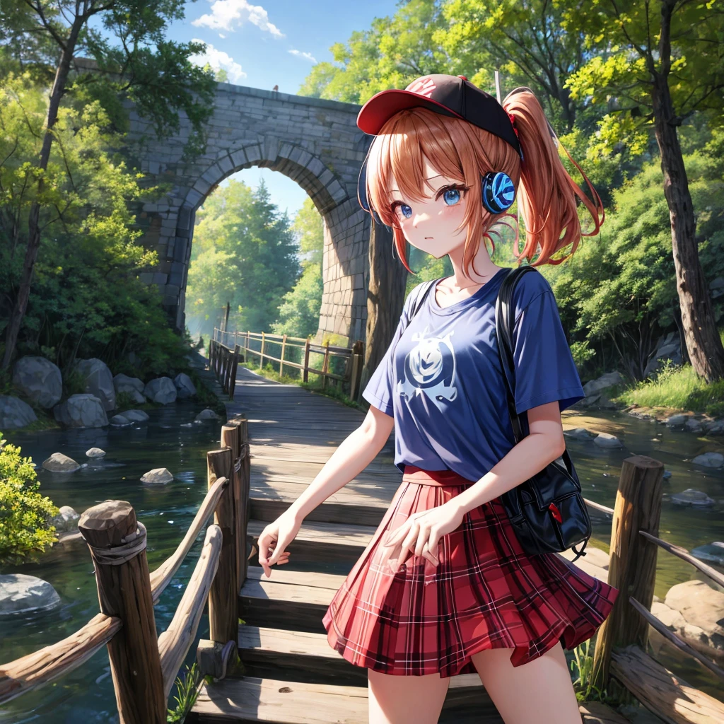 Red-blonde、blue hair、blue eyeraid、ponytail、one good looking girl、solo、anime、Plaid miniskirt、black t-shirt、camisole、forest、walking、Wearing a plaid baseball cap、Tilting your face、log bridge、Doing the ribbon、sunset sky、Wearing headphones、Stone bridge、Stone staircase、petal、A small bird is flying、big tree、tunnel