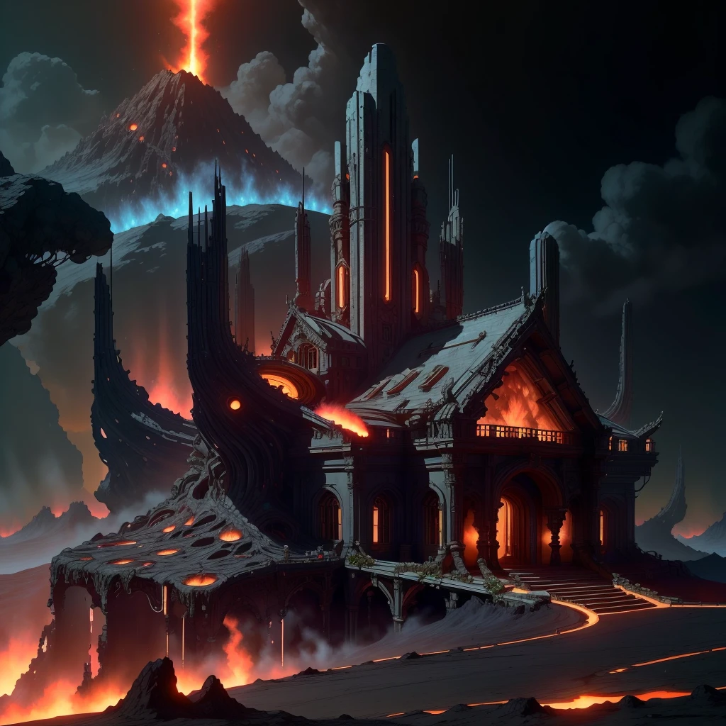 looking down from above,top view,Magmatic, enough, science fiction,
house on hill