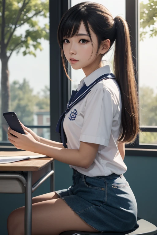 (extremely detailed CG unity 8k wallpaper,masterpiece, best quality, ultra-detailed),school classroom setting,sunlight filtering through trees,beautiful blonde high school girl with twintails and ahoge(D-cup),smartphone in hand,fidgeting with it,beautiful black-haired high school girl,thin and flat-chested, wearing sailor uniform,sitting on chair and having conversation with blonde girl who is sitting on desk,in the evening.