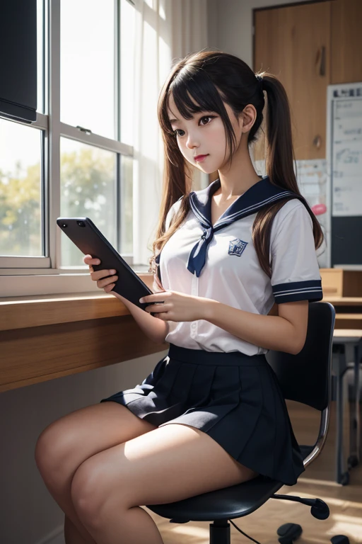 (extremely detailed CG unity 8k wallpaper,masterpiece, best quality, ultra-detailed),school classroom setting,sunlight filtering through trees,beautiful blonde high school girl with twintails and ahoge(D-cup),smartphone in hand,fidgeting with it,beautiful black-haired high school girl,thin and flat-chested, wearing sailor uniform,sitting on chair and having conversation with blonde girl who is sitting on desk,in the evening.