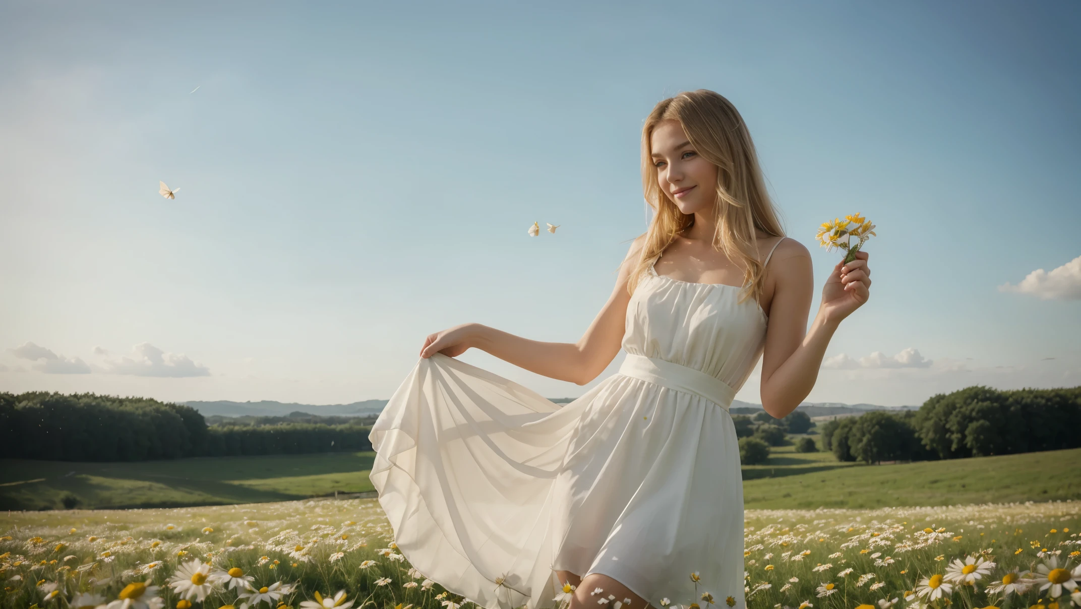 blond hair fluttering from the strong wind, Field of daisies, woman in a short white dress with a perfect figure and slender legs in full height, hair fluttering in the wind, holding a chamomile in his hand, smiling, original perfect super beautiful face, Perfect, standing in a clearing with daisies, butterfly on a flower, Young woman фронтальная в ромашковом поле, Young woman нa лугу с ромашками, beautiful blonde, Young woman, standing in a chamomile field, beautiful blonde, Young woman в коротком платье гуляет по ромашковому полю ((Best quality)), ((masterpiece)), (Detailed), original perfect super beautiful face, Perfect