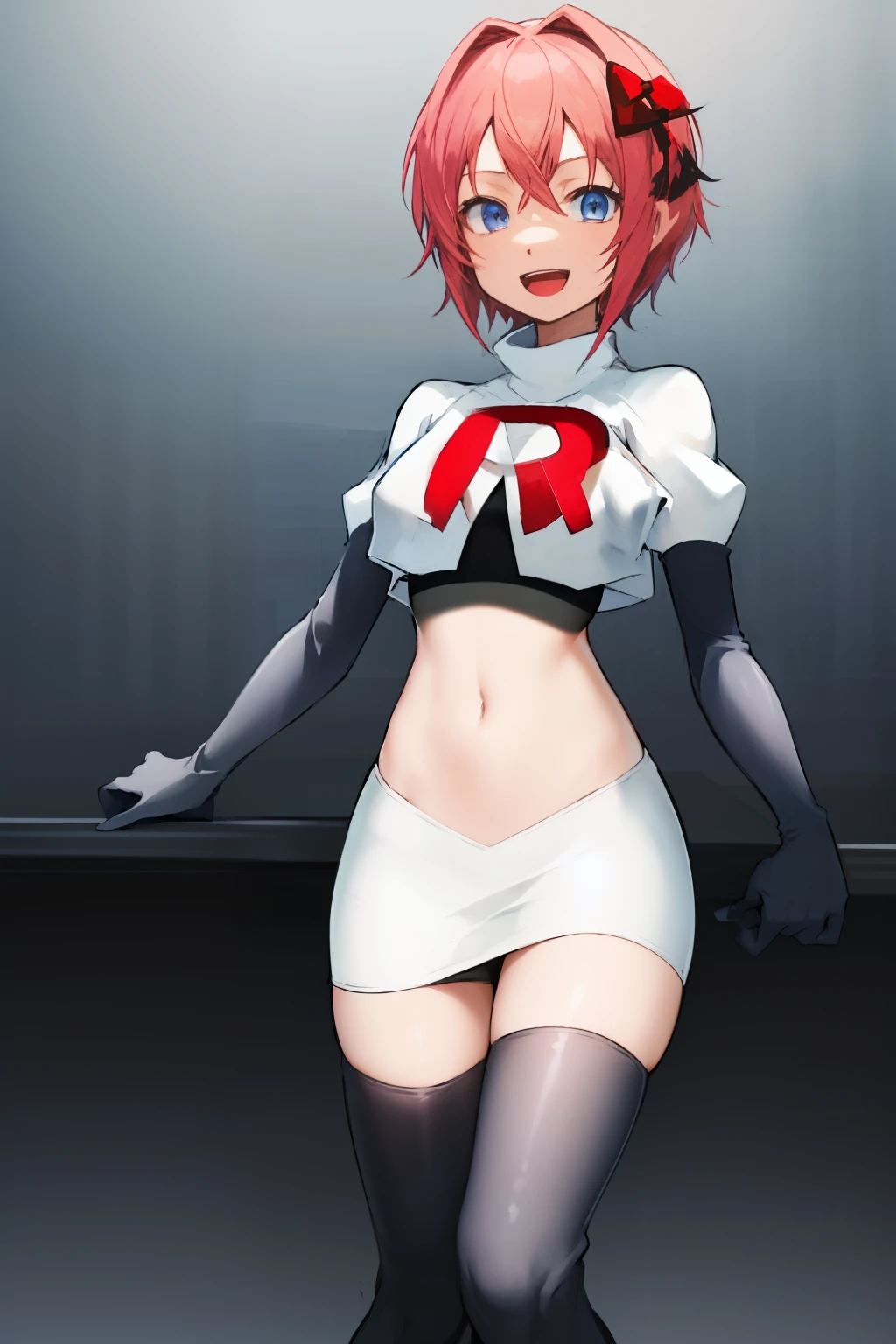 2d, masterpiece, best quality, anime, highly detailed, cowboy shot, 1girl, solo, sayori, blue eyes, pink hair, short hair, hair bow, red bow, :d, team rocket,team rocket uniform,white skirt,red letter R,crop top,black thigh-highs,black elbow gloves