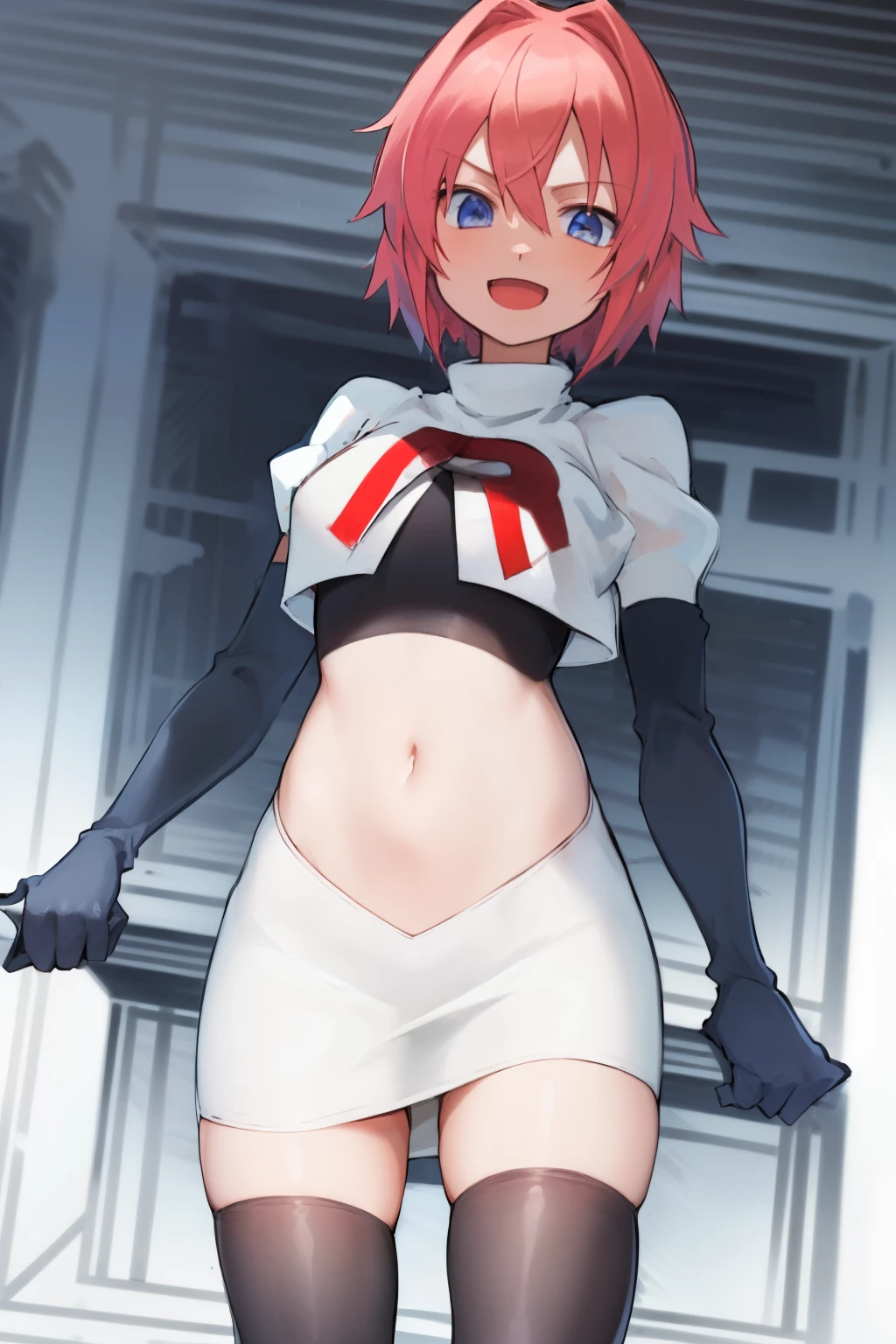 2d, masterpiece, best quality, anime, highly detailed, cowboy shot, 1girl, solo, sayori, blue eyes, pink hair, short hair, hair bow, red bow, :d, team rocket,team rocket uniform,white skirt,red letter R,crop top,black thigh-highs,black elbow gloves