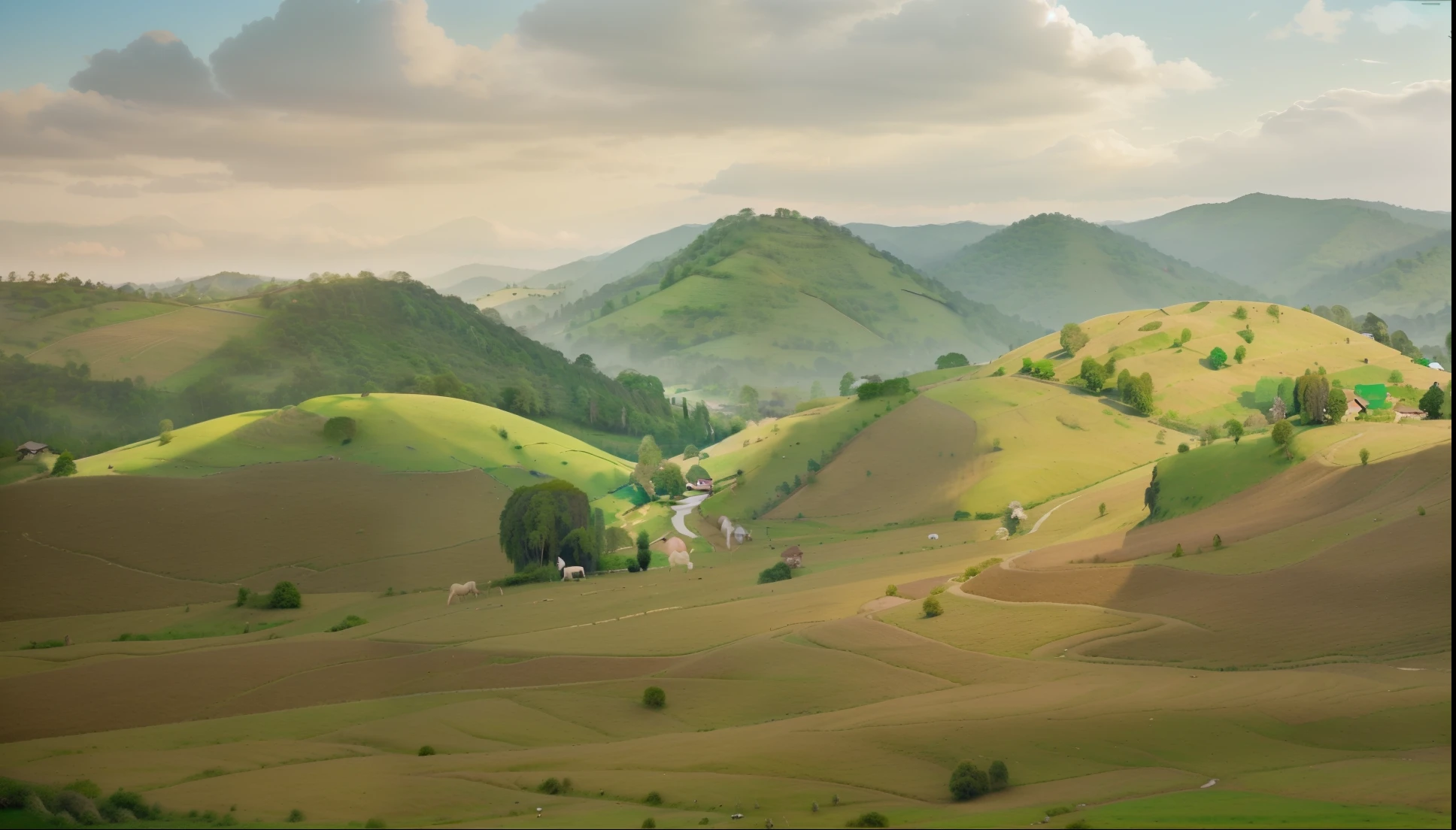 there is a horse that is standing in the grass in the field, hills in the background, hill with trees, rolling hills, grassy hills, with rolling hills, sri lankan landscape, flowing hills, hills and mountains, trees in the grassy hills, farm land, rolling foothills, countryside, very very very beautiful scenery, downhill landscape, very very beautiful scenery