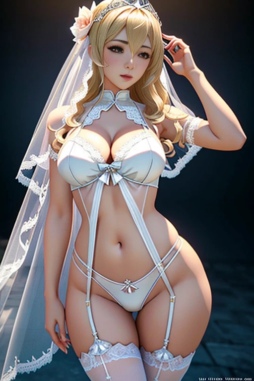 arafed woman in a white lingerie and veil posing for a picture, blonde goddess, intricate wlop, wlop and ross tran, best on wlop, cinematic goddess body shot, best of artstation, in style of wlop, wloaoish and wlop, beautiful maiden, thicc, 3 d render character art 8 k